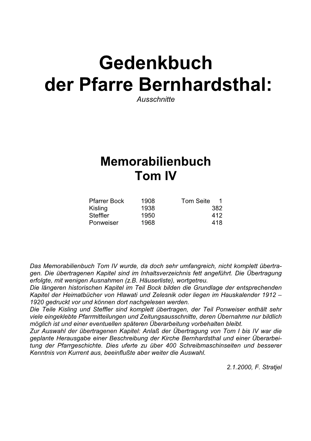 Gedenkbuch Der Pfarre Bernhardsthal: Ausschnitte