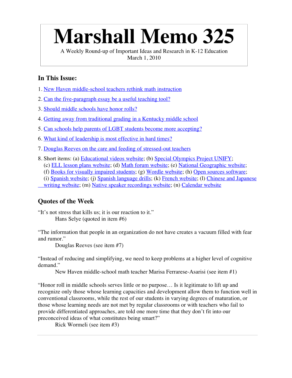 Marshall Memo 325 a Weekly Round-Up of Important Ideas and Research in K-12 Education March 1, 2010