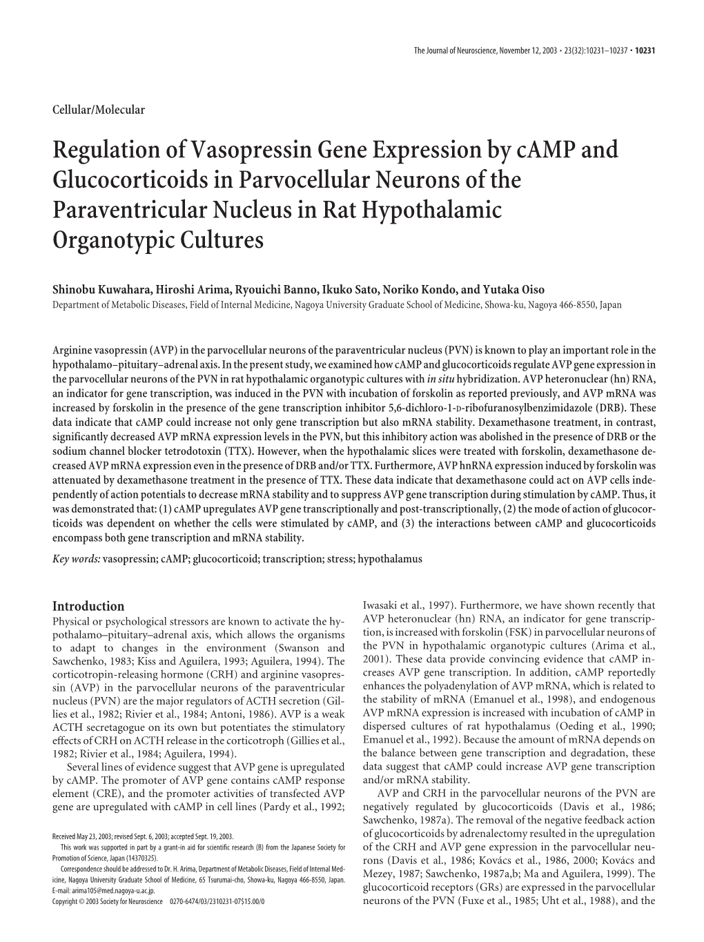 Regulation of Vasopressin Gene Expression by Camp and Glucocorticoids in Parvocellular Neurons of the Paraventricular Nucleus in Rat Hypothalamic Organotypic Cultures