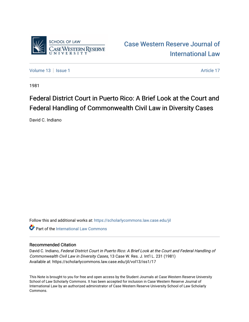 Federal District Court in Puerto Rico: a Brief Look at the Court and Federal Handling of Commonwealth Civil Law in Diversity Cases