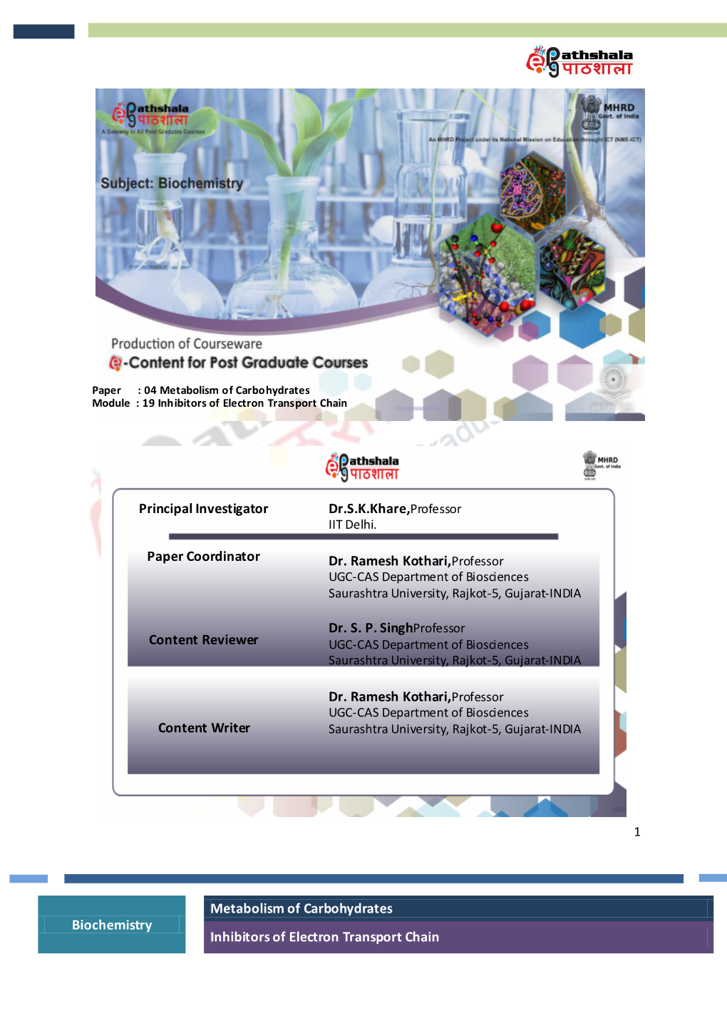 Biochemistry Metabolism of Carbohydrates Inhibitors of Electron