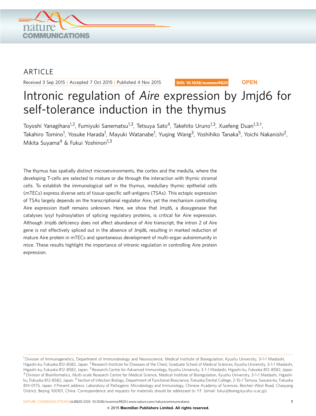 Intronic Regulation of Aire Expression by Jmjd6 for Self-Tolerance Induction in the Thymus