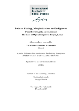 Political Ecology, Marginalization, and Indigenous Food Sovereignty Interactions: the Case of Ogiek Indigenous People, Kenya