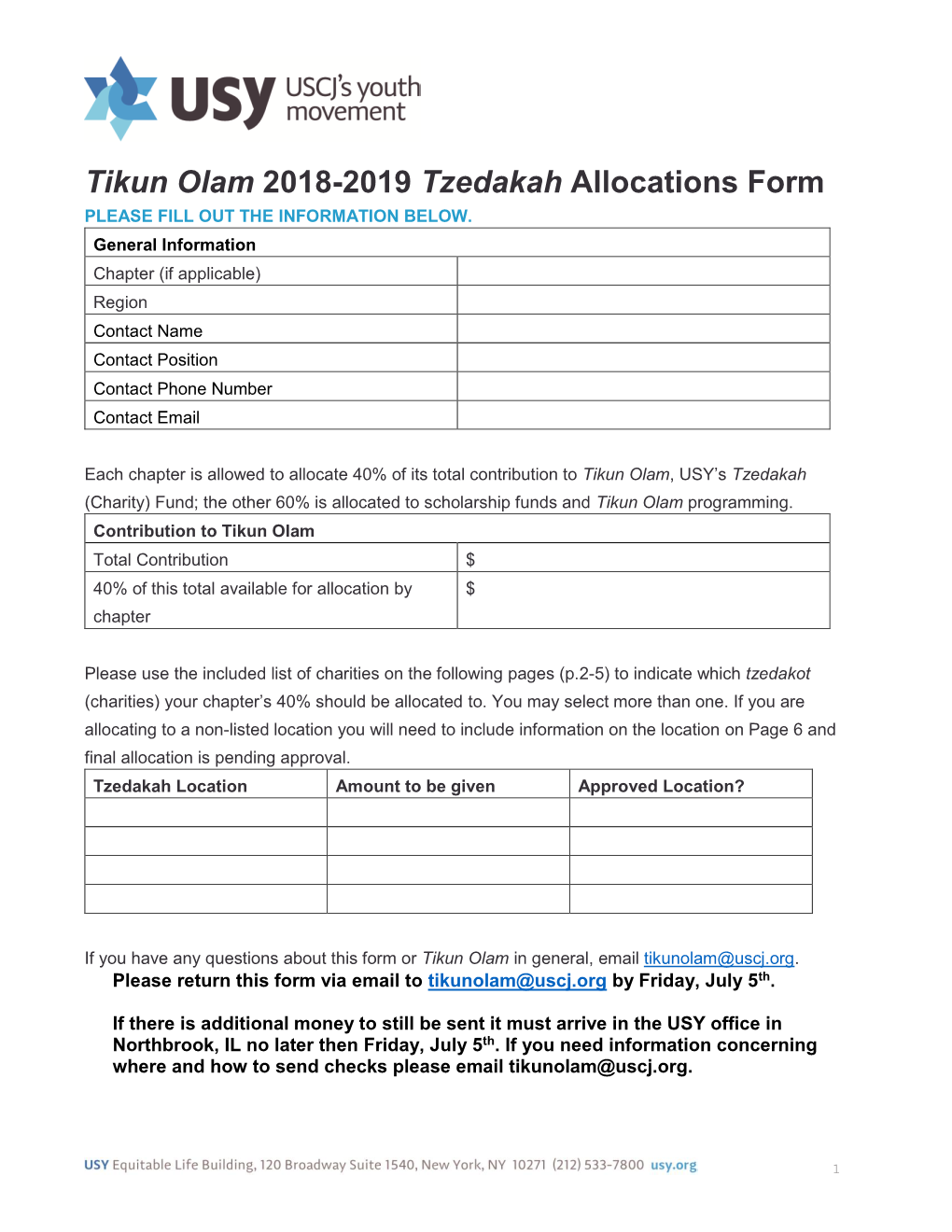 Tikun Olam Allocation Form