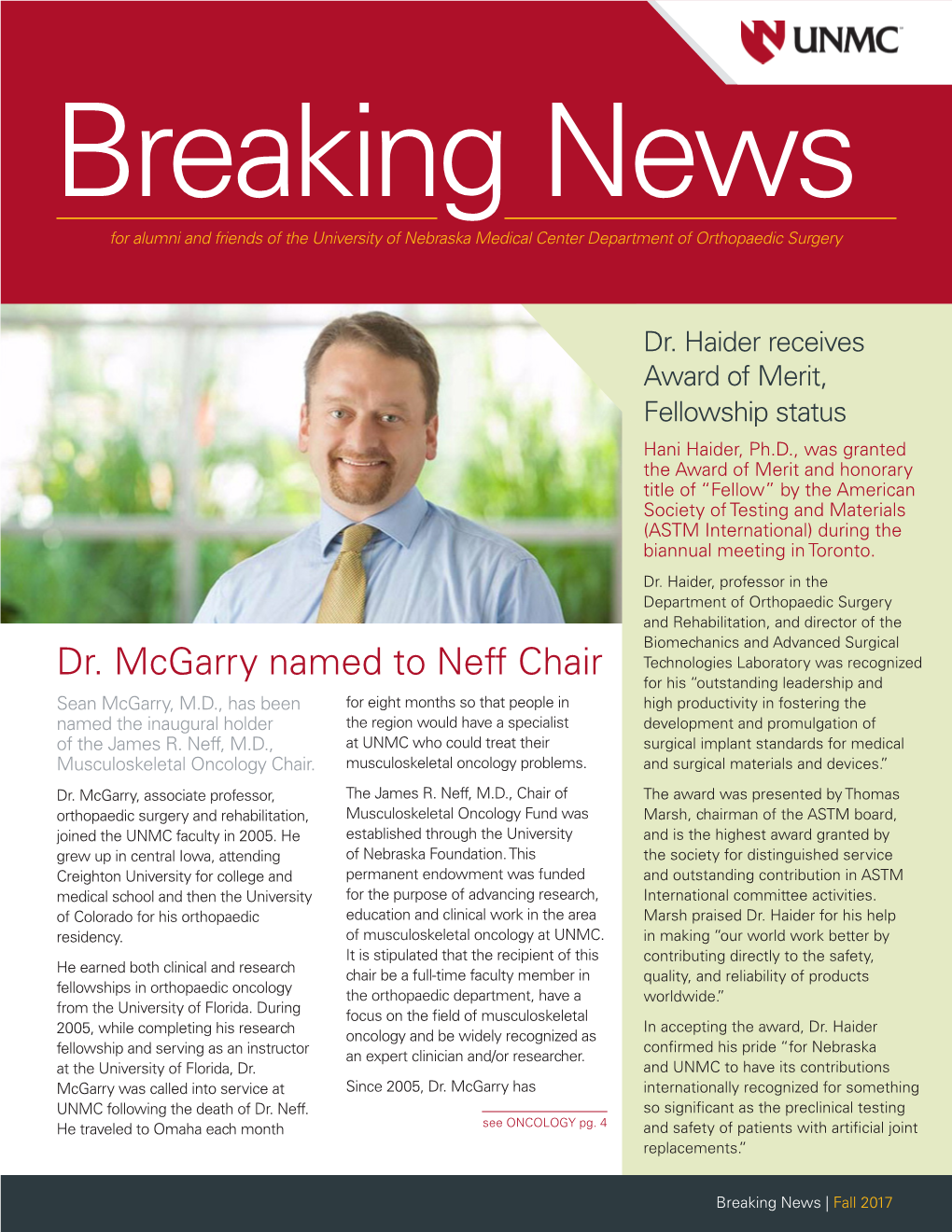 Dr. Mcgarry Named to Neff Chair