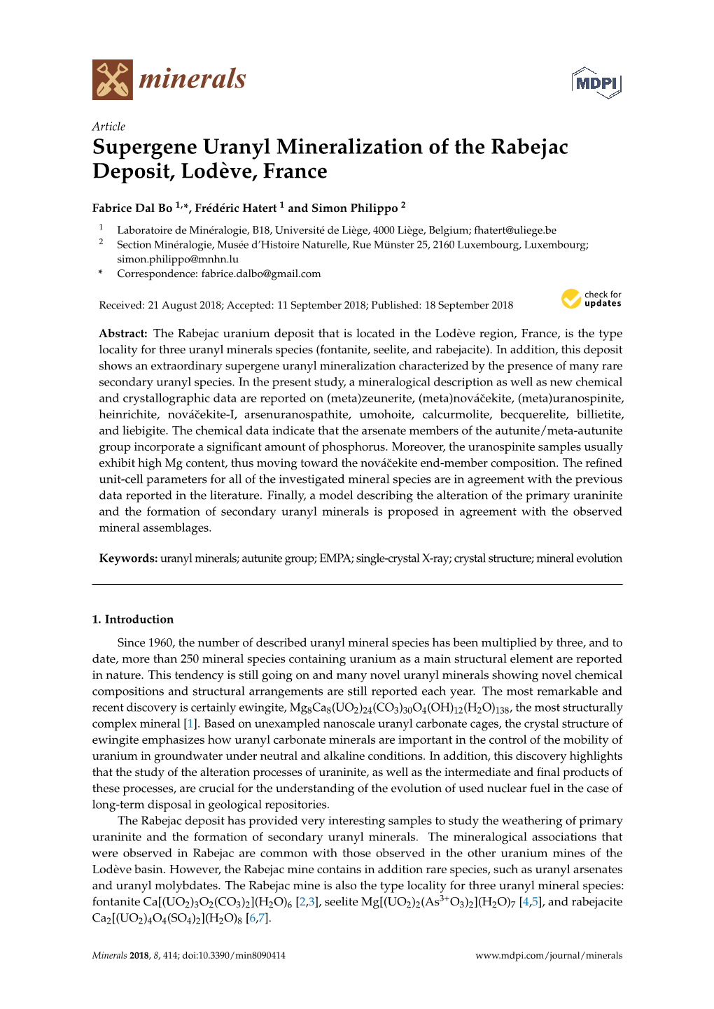 Supergene Uranyl Mineralization of the Rabejac Deposit, Lodève, France