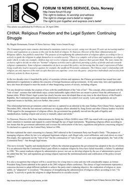 CHINA: Religious Freedom and the Legal System: Continuing Struggle
