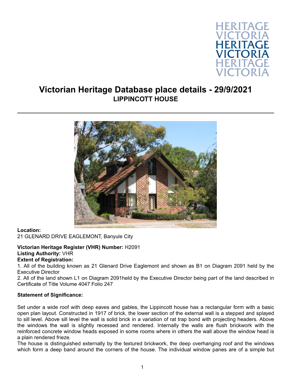 Victorian Heritage Database Place Details - 29/9/2021 LIPPINCOTT HOUSE