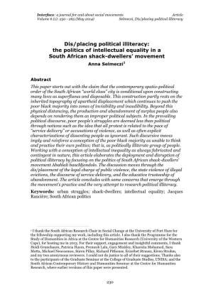 Dis/Placing Political Illiteracy: the Politics of Intellectual Equality in a South African Shack-Dwellers' Movement