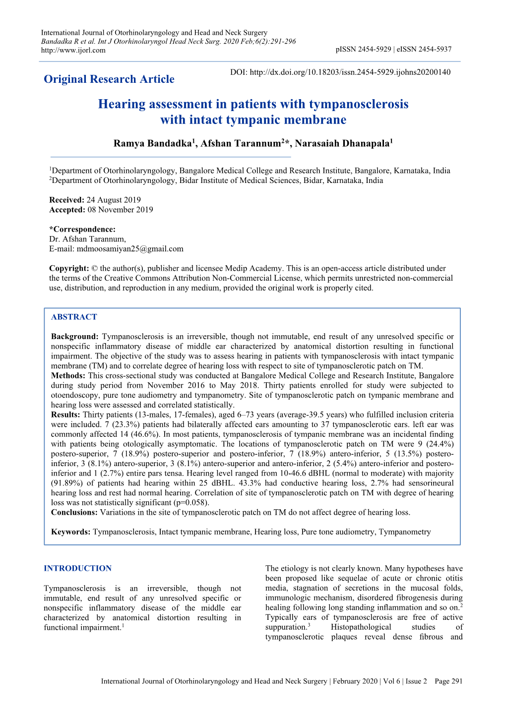 Hearing Assessment in Patients with Tympanosclerosis with Intact Tympanic Membrane