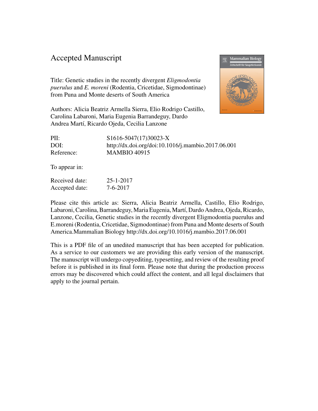 Genetic Studies in the Recently Divergent Eligmodontia Puerulus and E. Moreni (Rodentia, Cricetidae, Sigmodontinae) from Puna and Monte Deserts of South America