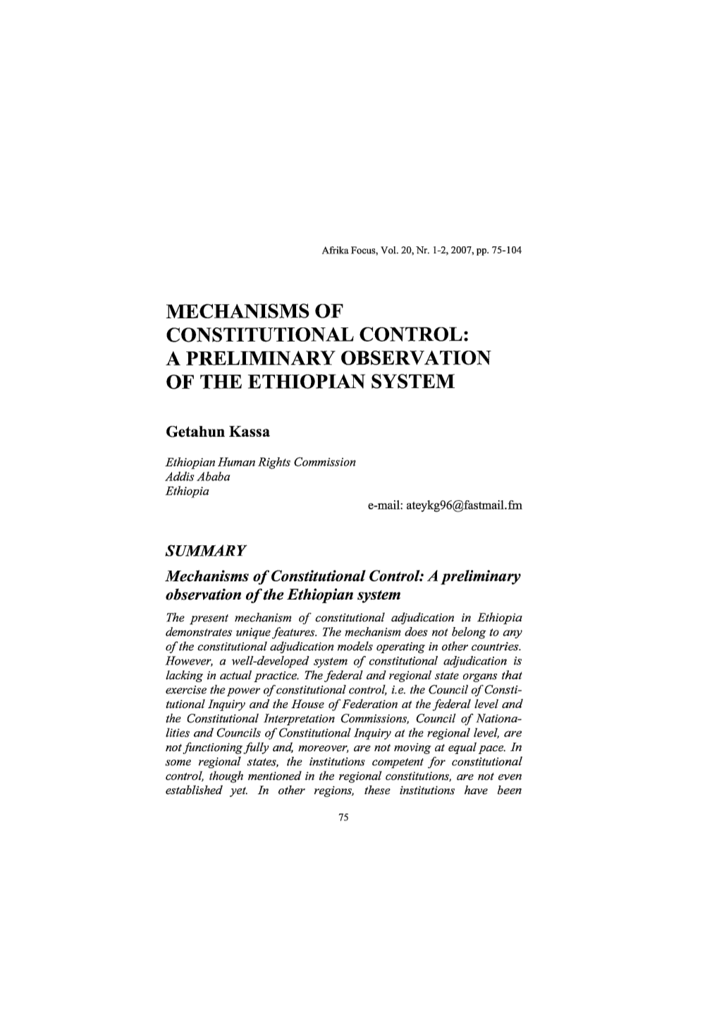 Mechanisms of Constitutional Control: a Preliminary Observation of the Ethiopian System