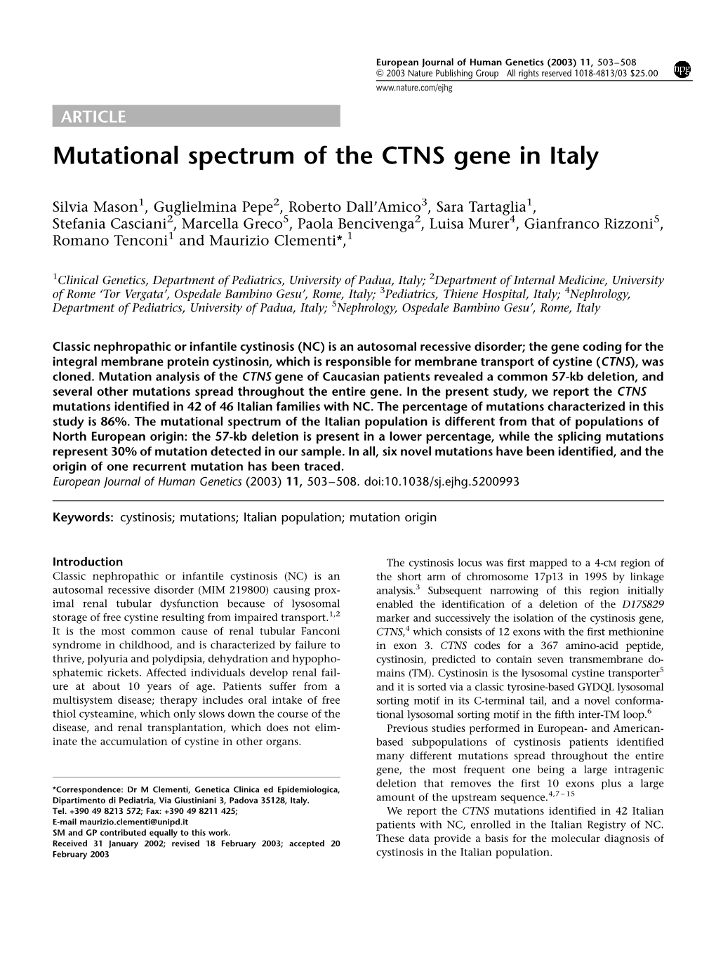 Mutational Spectrum of the CTNS Gene in Italy