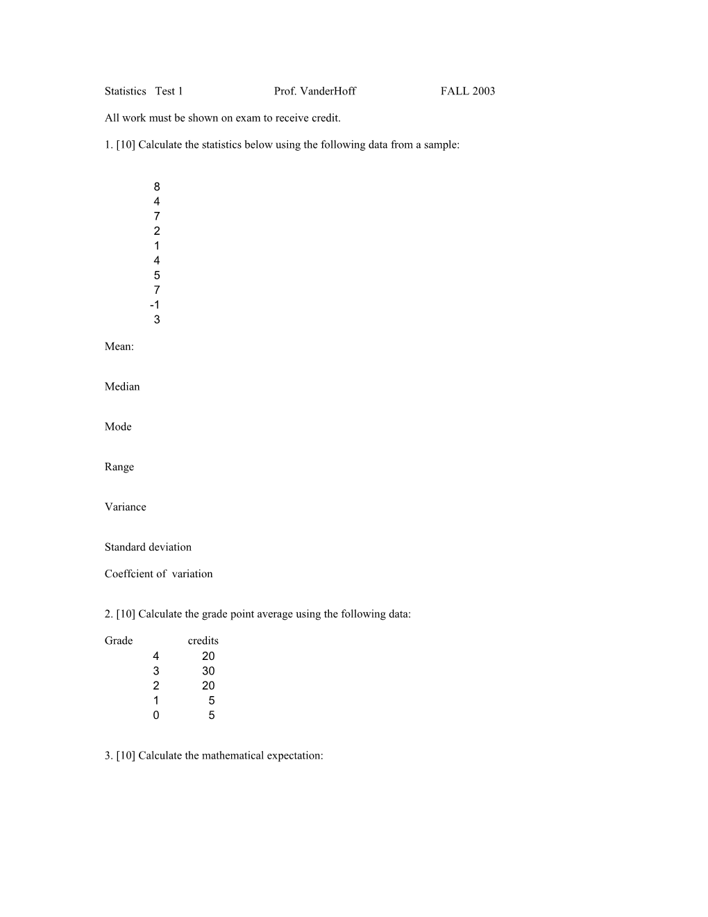 Statistics Test 2 Prof