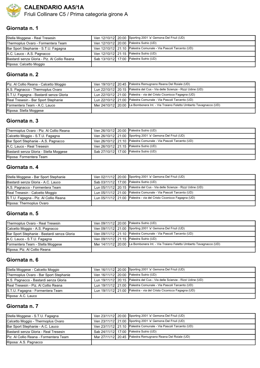 CALENDARIO AA5/1A Friuli Collinare C5 / Prima Categoria Girone A