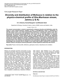 Diversity and Distribution of Mollusca in Relation to the Physico-Chemical Profile of Gho-Manhasan Stream, Jammu (J & K)