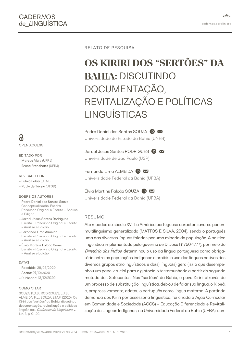 Os Kiriri Dos “Sertões” Da Bahia: Discutindo Documentação, Revitalização E Políticas Linguísticas