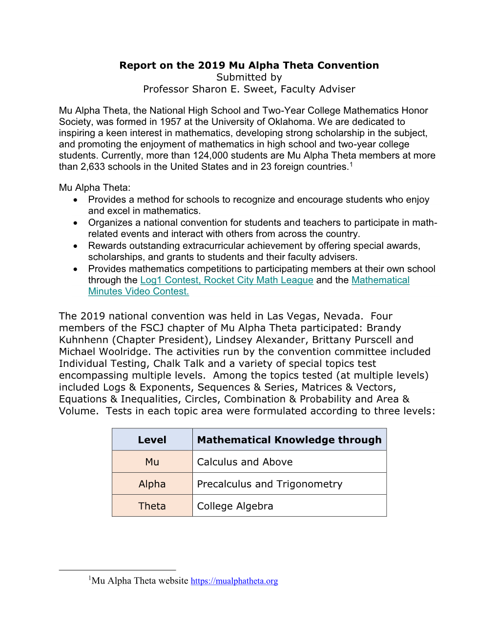 Report on the 2019 Mu Alpha Theta Convention Submitted by Professor Sharon E. Sweet, Faculty Adviser Mu Alpha Theta, the Nationa