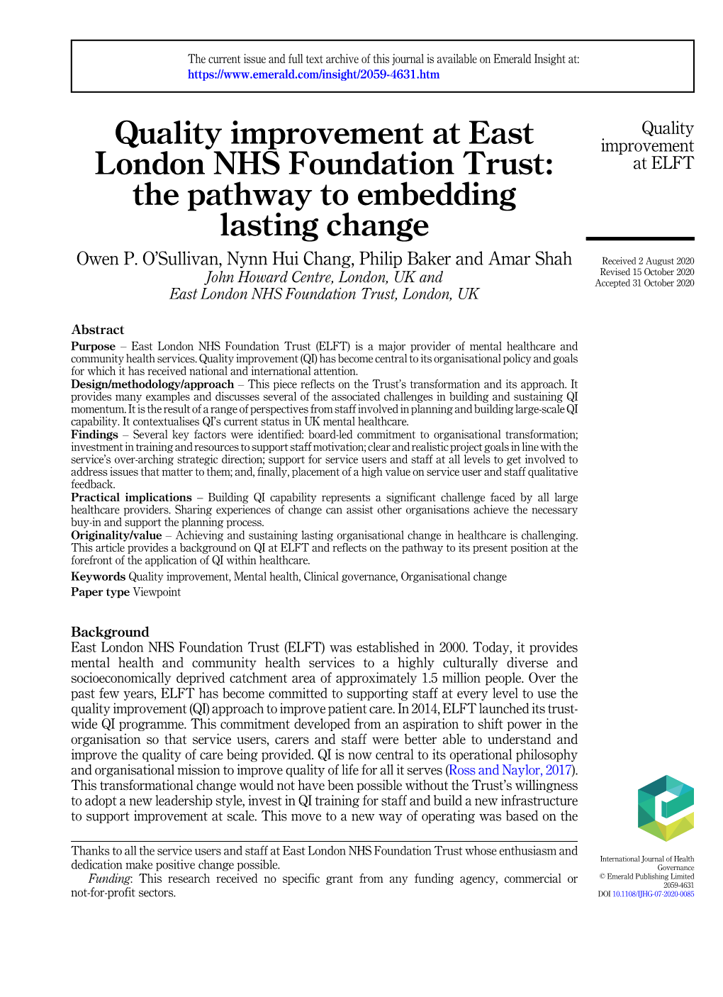 Quality Improvement at East London NHS Foundation Trust: the Pathway to Embedding Lasting Change