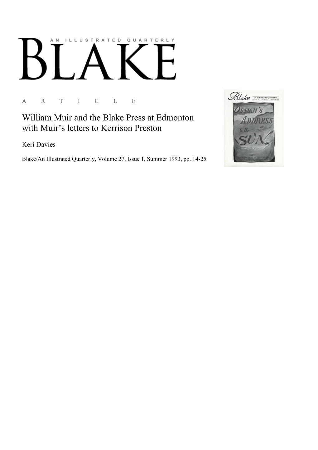 William Muir and the Blake Press at Edmonton with Muir's Letters to Kerrison Preston