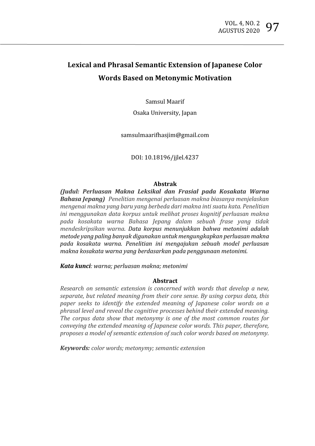 Lexical and Phrasal Semantic Extension of Japanese Color Words Based on Metonymic Motivation