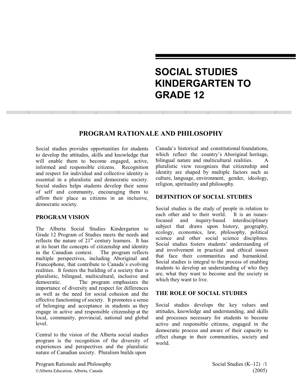 Social Studies Kindergarten to Grade 12