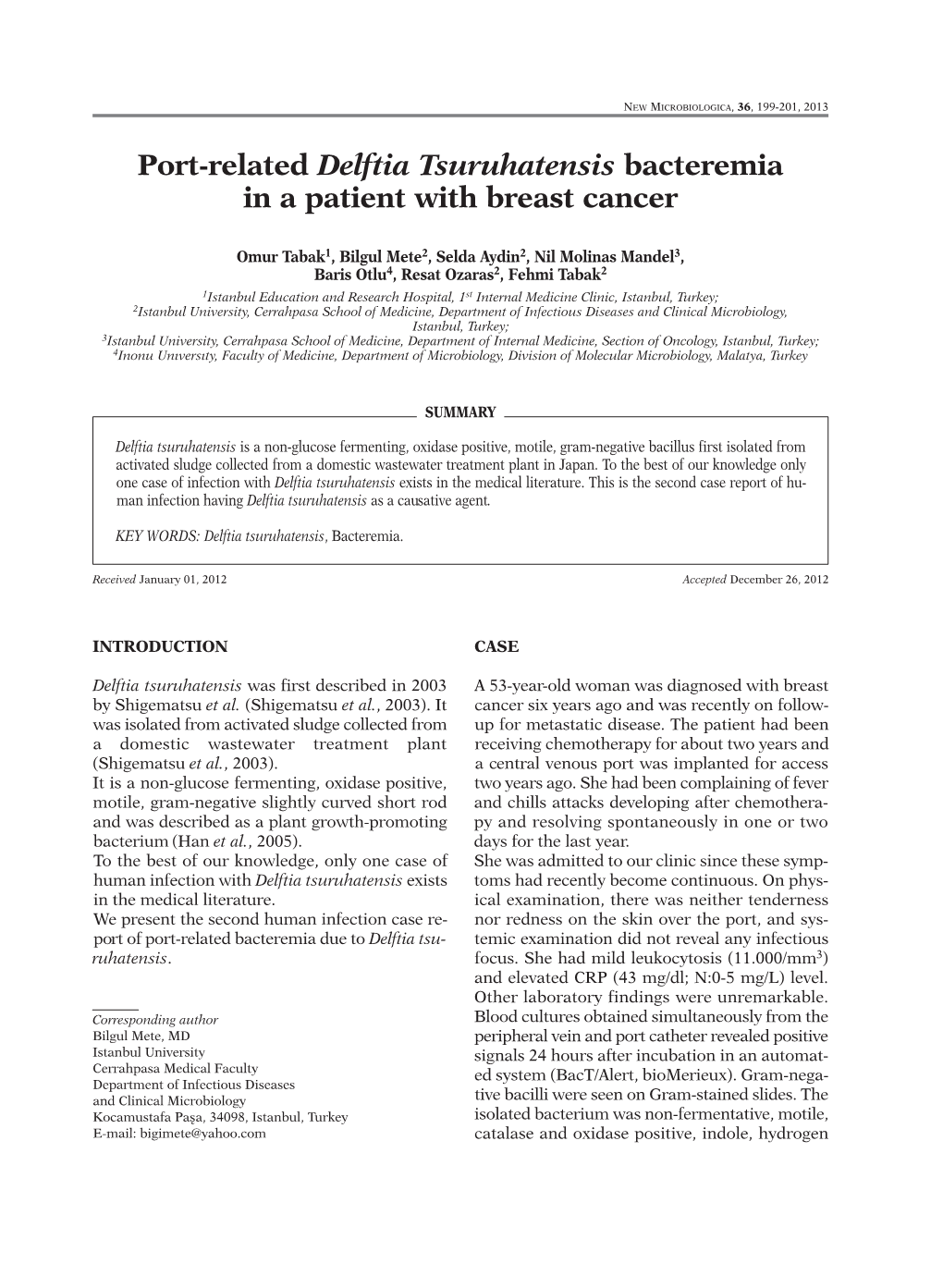 Port-Related Delftia Tsuruhatensis Bacteremia in a Patient with Breast Cancer