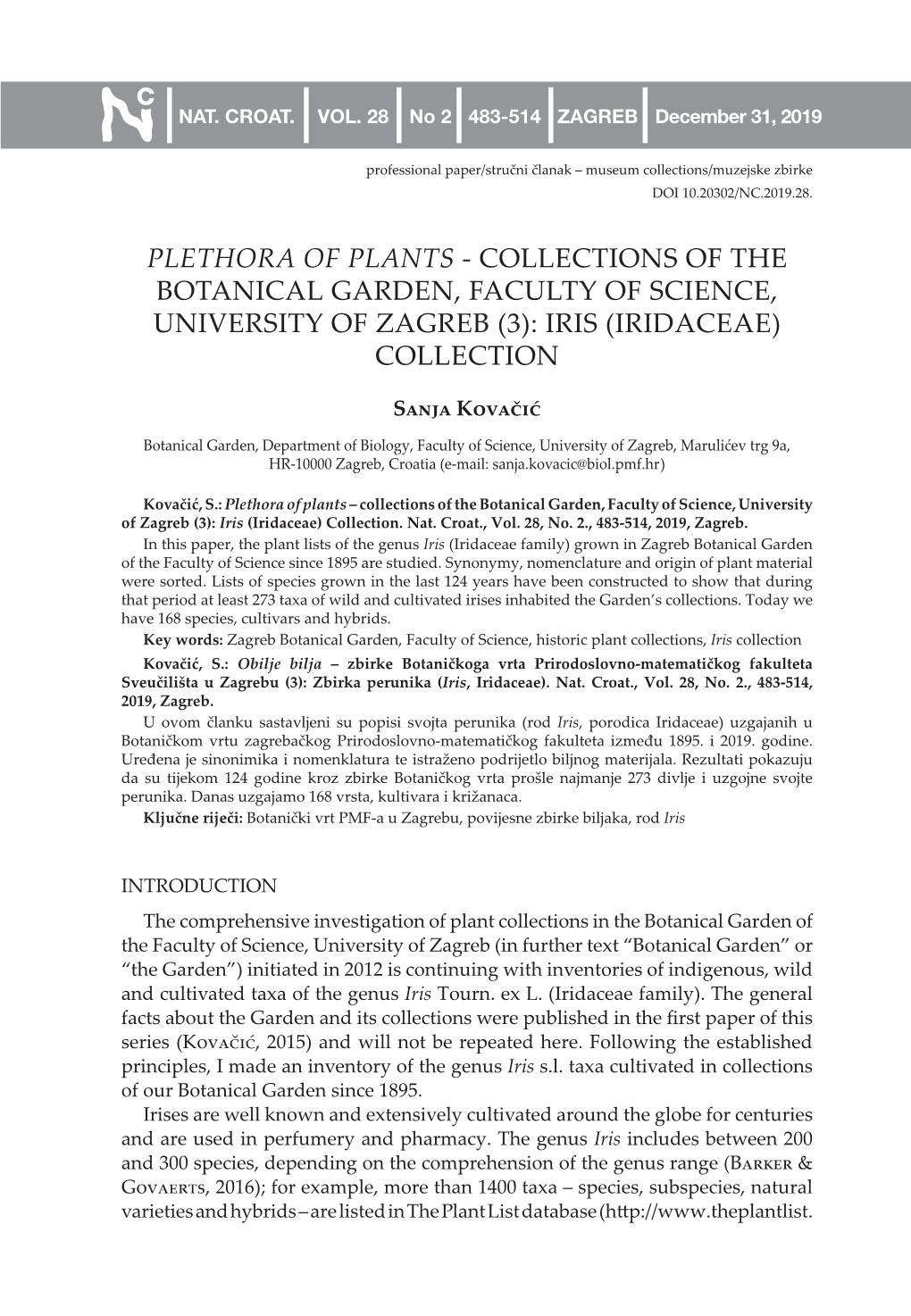 Plethora of Plants - Collections of the Botanical Garden, Faculty of Science, University of Zagreb (3): Iris (Iridaceae) Collection