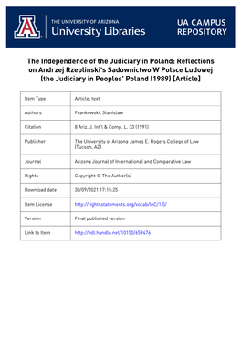 The Independence of the Judiciary in Poland: Reflections on Andrzej Rzeplinski's Sadownictwo W Polsce Ludowej (The Judiciary in Peoples' Poland (1989) [Article]