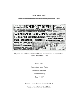 A Critical Approach to the French Historiography of Colonial Algeria