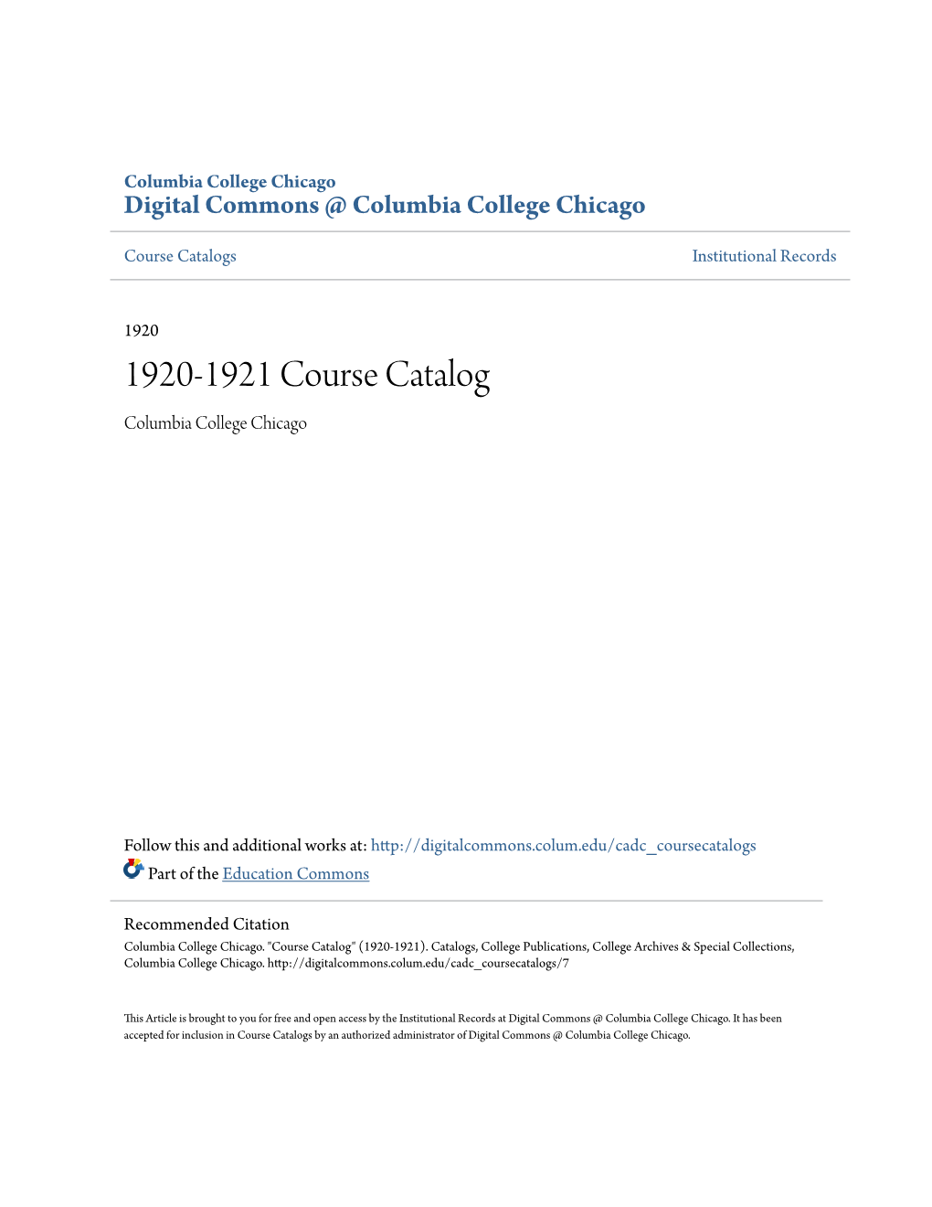 1920-1921 Course Catalog Columbia College Chicago