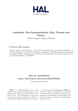 Automatic Text Summarization: Past, Present and Future Horacio Saggion, Thierry Poibeau