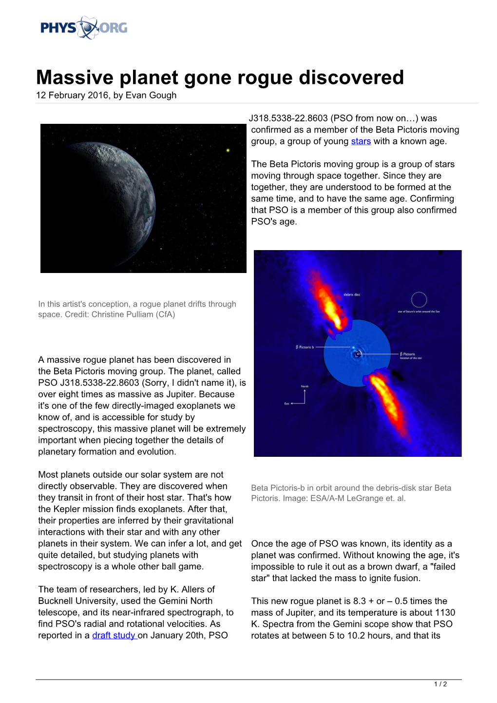 Massive Planet Gone Rogue Discovered 12 February 2016, by Evan Gough