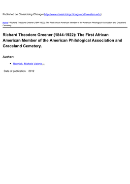 Richard Theodore Greener (1844-1922): the First African American Member of the American Philological Association and Graceland Cemetery