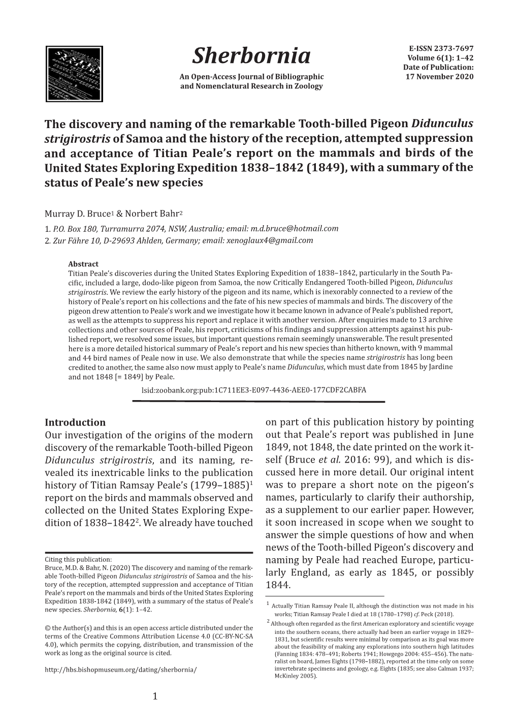 Sherbornia Date of Publication: an Open-Access Journal of Bibliographic 17 November 2020 and Nomenclatural Research in Zoology