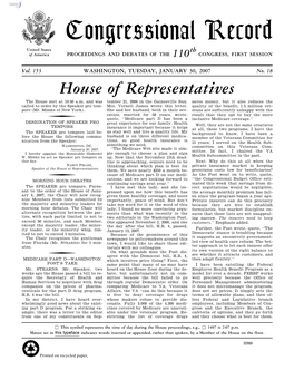 Congressional Record United States Th of America PROCEEDINGS and DEBATES of the 110 CONGRESS, FIRST SESSION