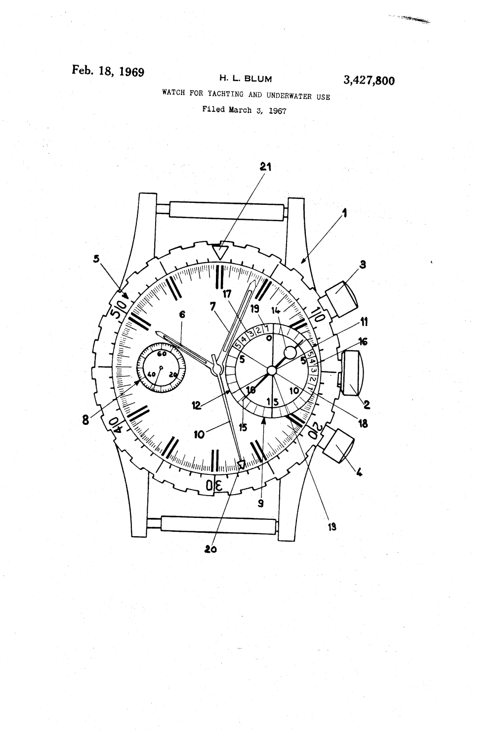Feb. 18, 1969 H. L. BLUM 3,427,800 WATCH for YACHTING and UNDERWATER USE Filed March 3, 1967