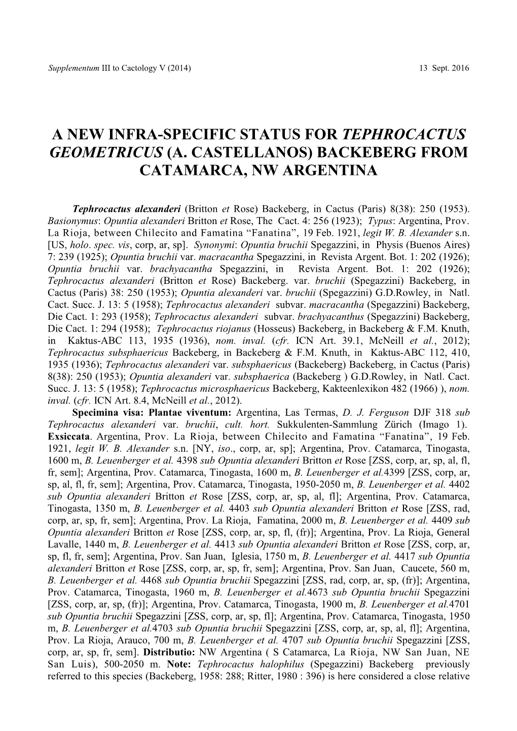 A New Infra-Specific Status for Tephrocactus Geometricus (A