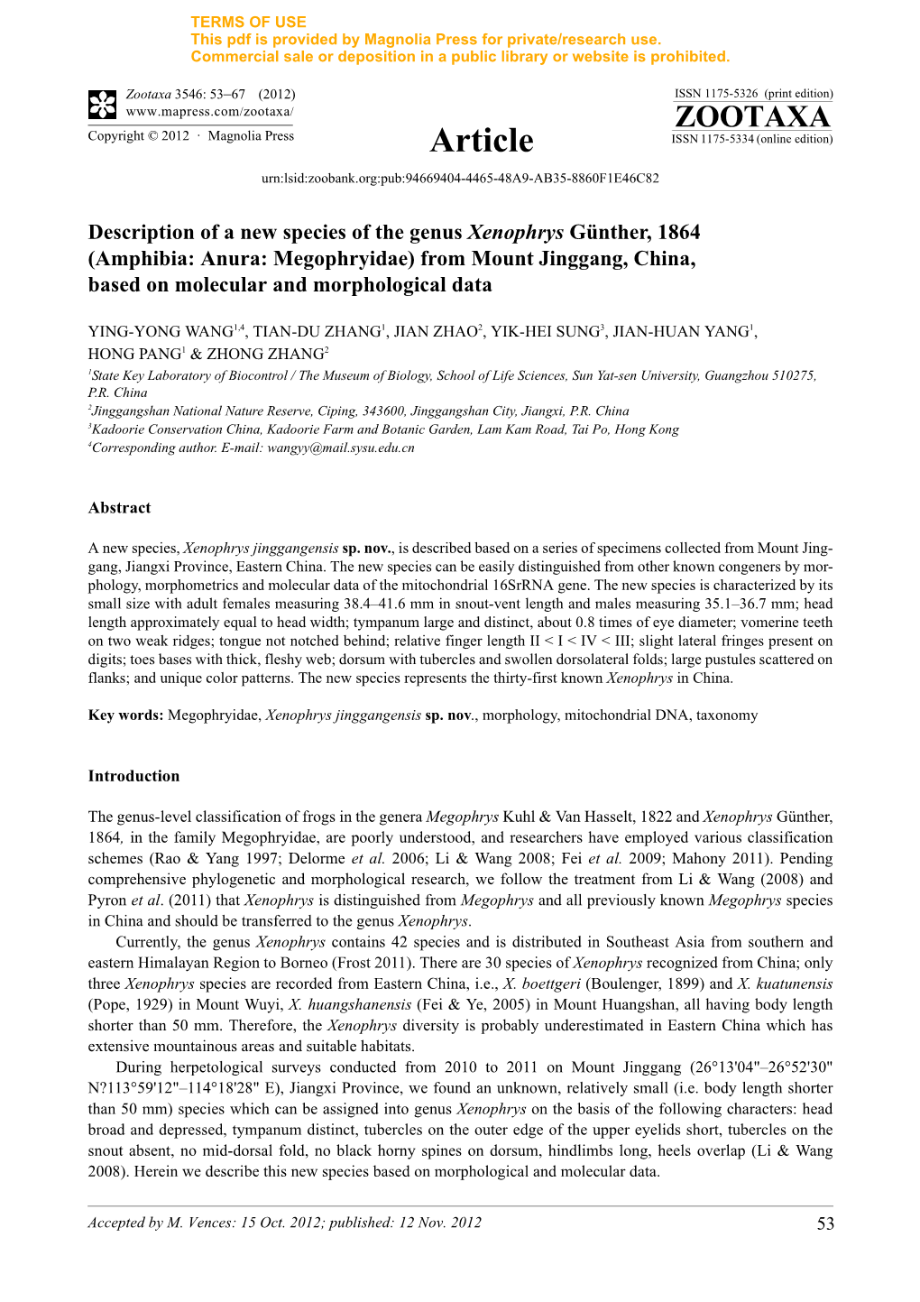 Description of a New Species of the Genus Xenophrys Günther, 1864 (Amphibia: Anura: Megophryidae) from Mount Jinggang, China, B