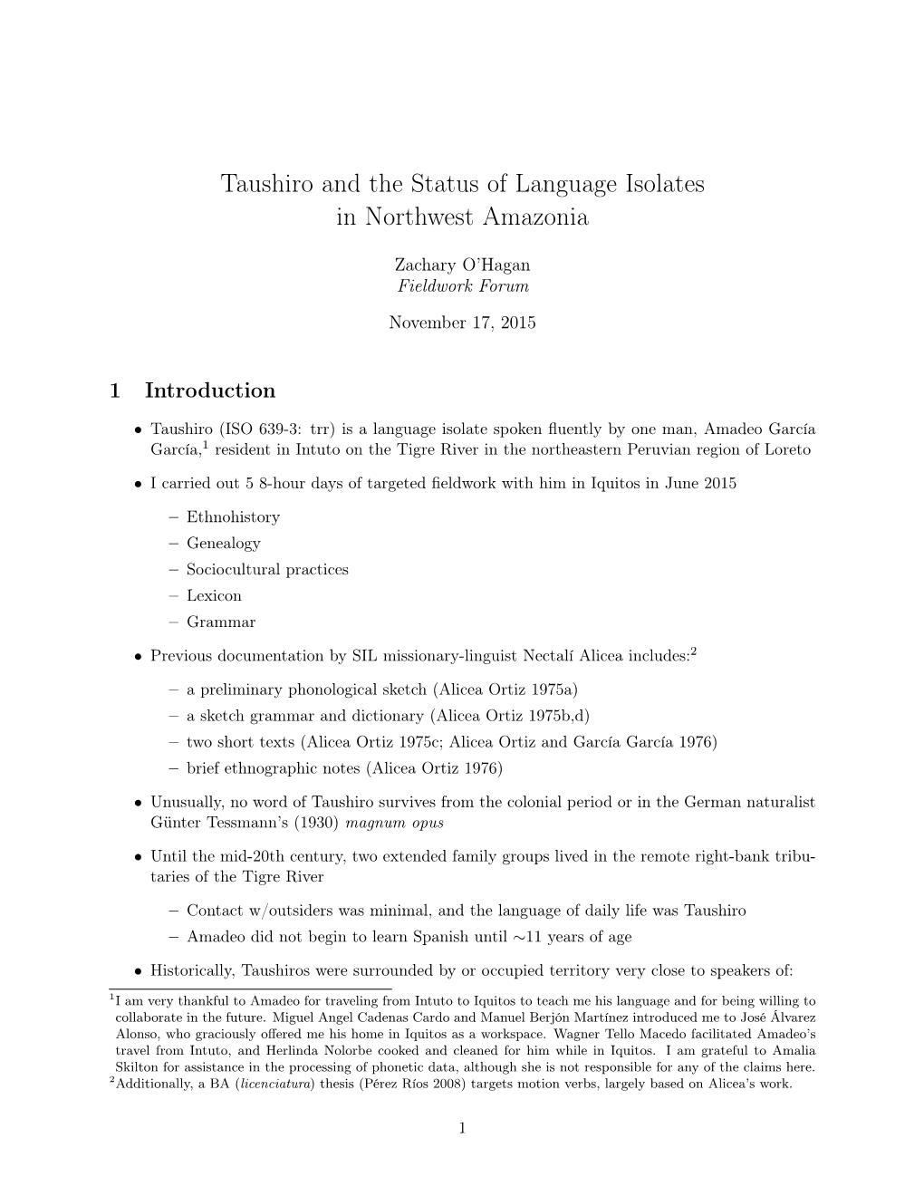 Taushiro and the Status of Language Isolates in Northwest Amazonia