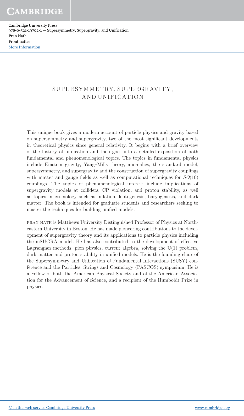 Supersymmetry, Supergravity, and Unification Pran Nath Frontmatter More Information
