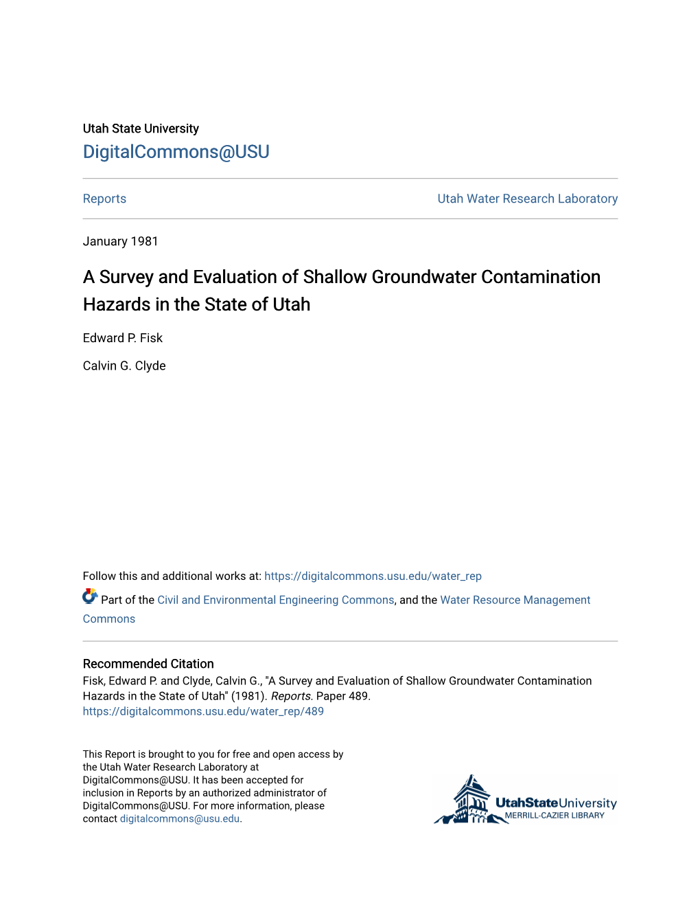 A Survey and Evaluation of Shallow Groundwater Contamination Hazards in the State of Utah