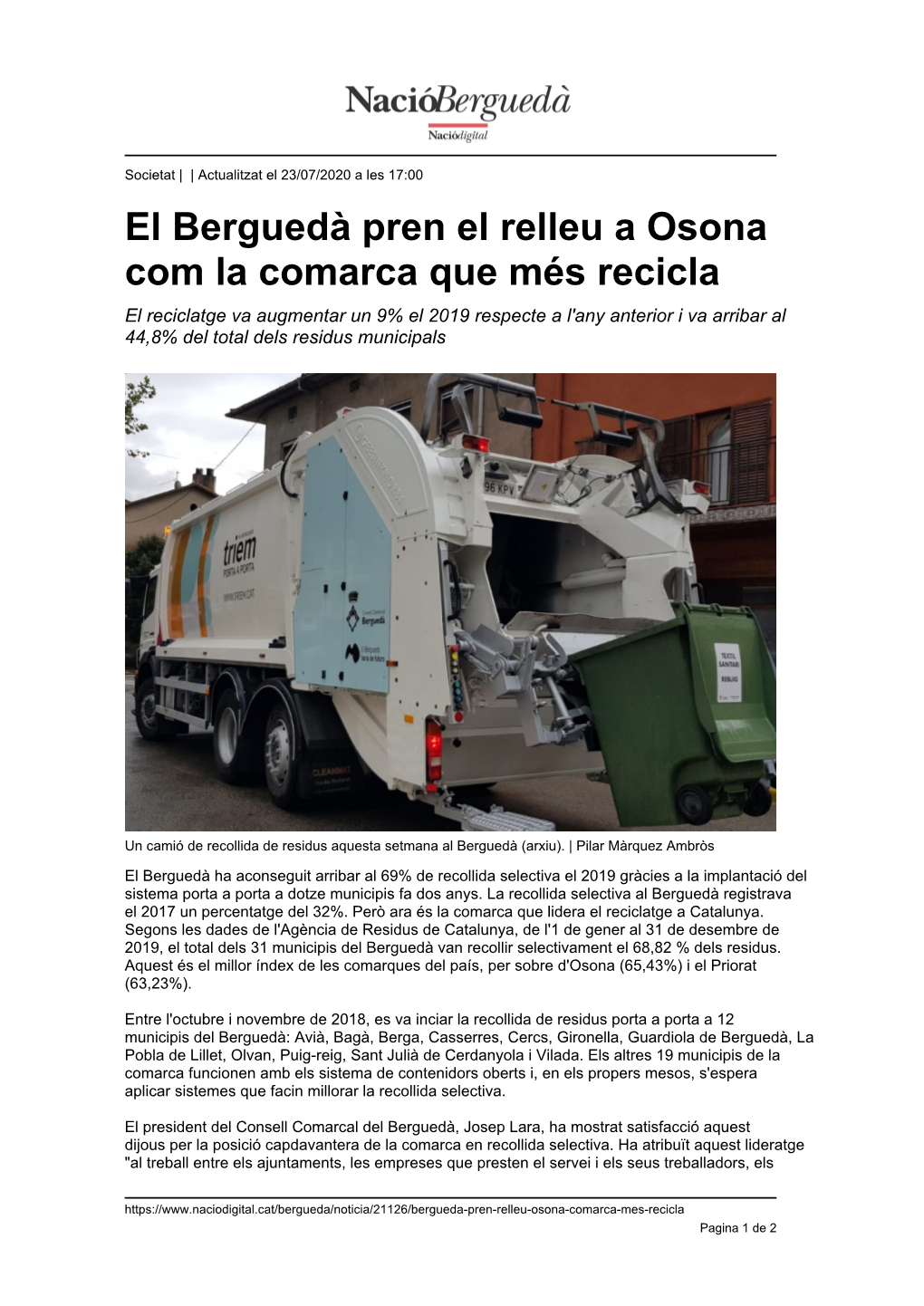 El Berguedà Pren El Relleu a Osona Com La Comarca Que Més Recicla