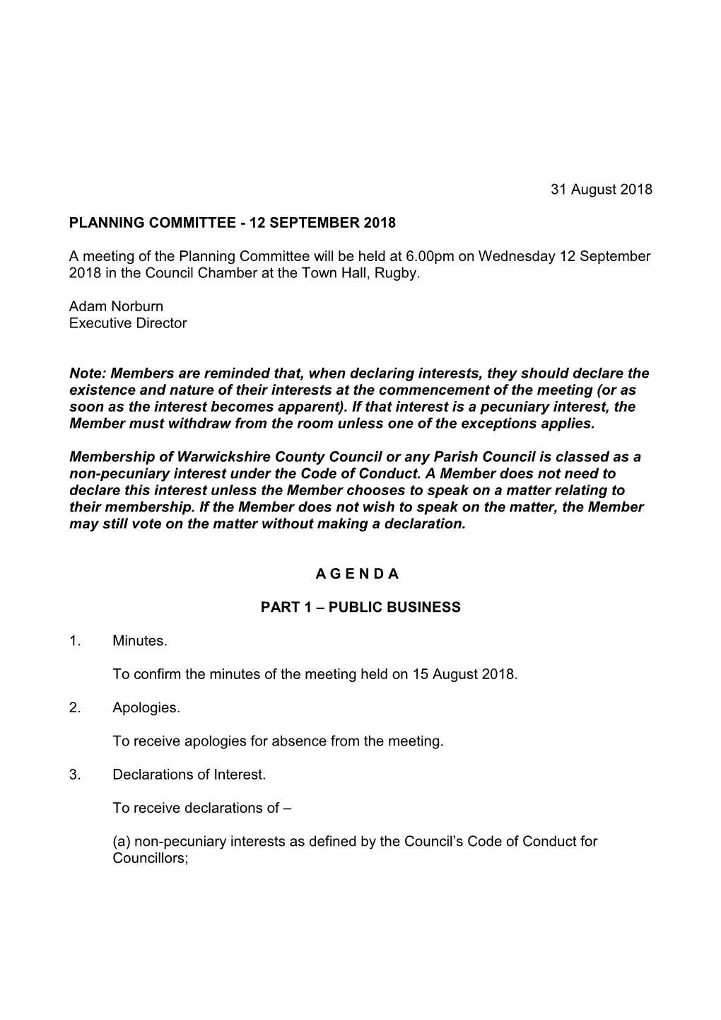 Planning Committee 12 September 2018 Agenda