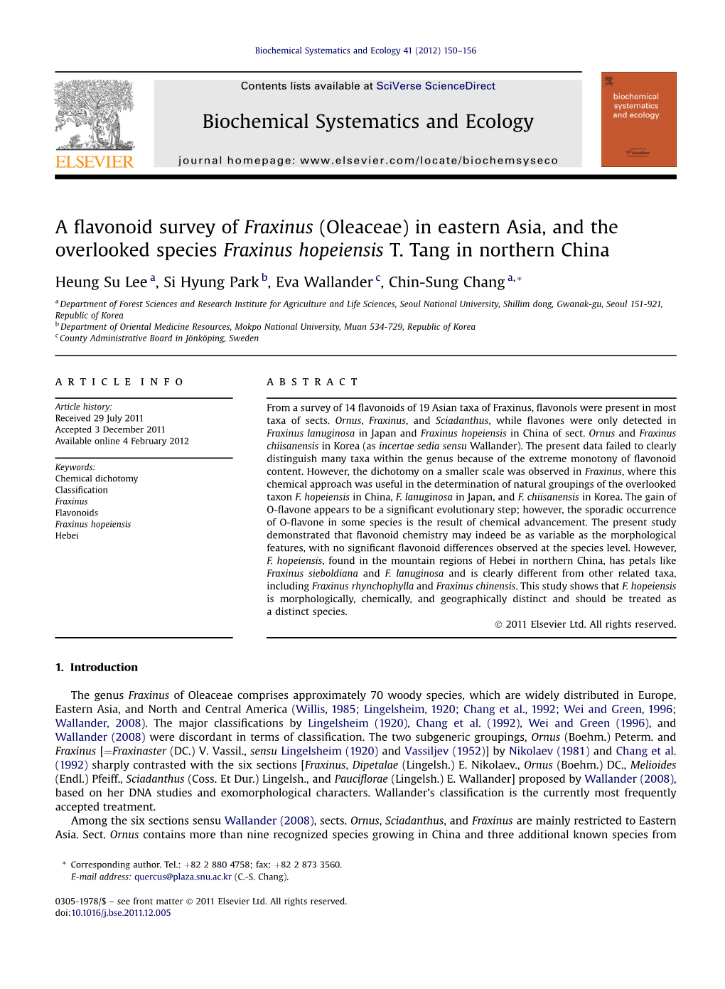 A Flavonoid Survey of Fraxinus (Oleaceae) in Eastern Asia, and The