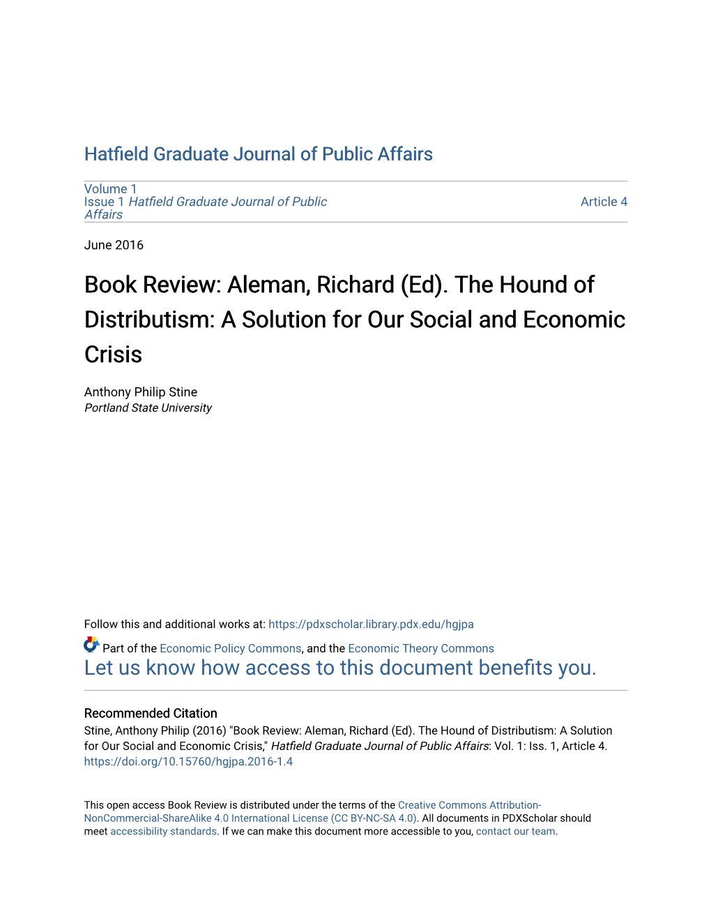 Book Review: Aleman, Richard (Ed). the Hound of Distributism: a Solution for Our Social and Economic Crisis