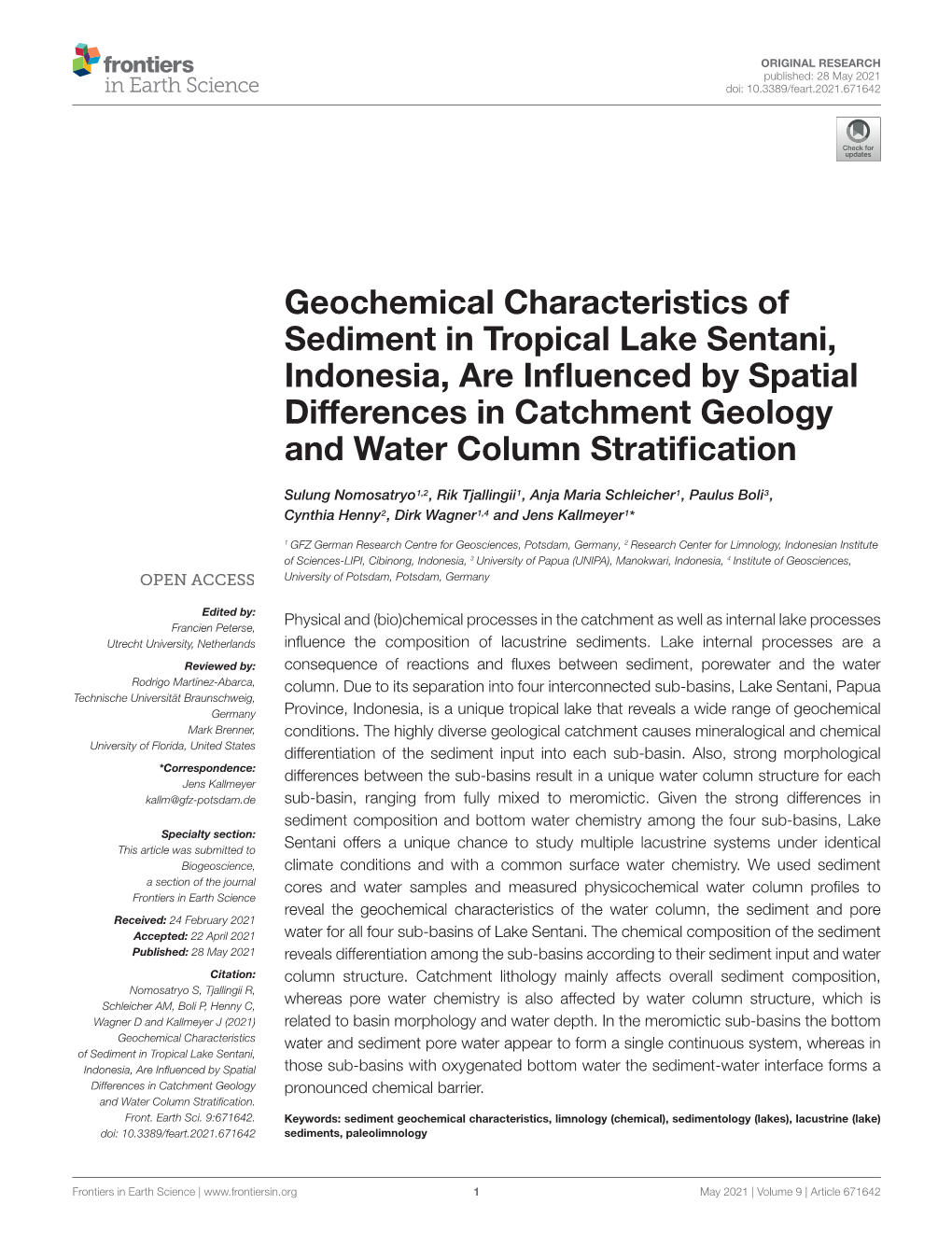 Geochemical Characteristics of Sediment in Tropical Lake Sentani, Indonesia, Are Inﬂuenced by Spatial Differences in Catchment Geology and Water Column Stratiﬁcation