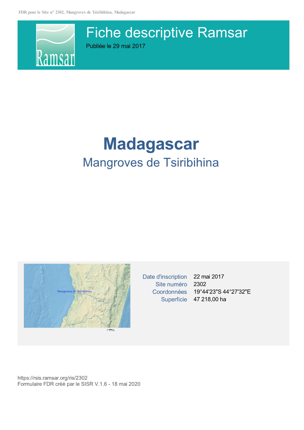 Madagascar Fiche Descriptive Ramsar Publiée Le 29 Mai 2017