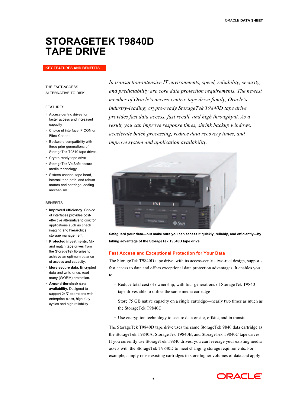 Storagetek T9840D Tape Drive Data Sheet