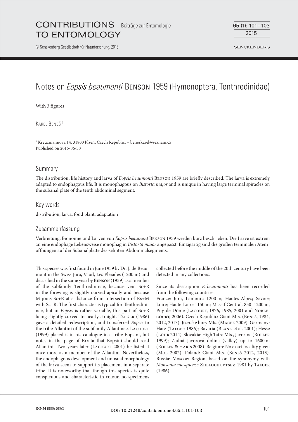 Notes on Eopsis Beaumonti Benson 1959 (Hymenoptera, Tenthredinidae)